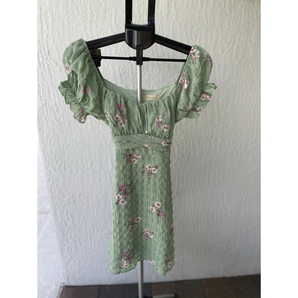 Altar'd State Sage Green Floral Seersucker Ruffle Mini Dress Large Tie Back L
